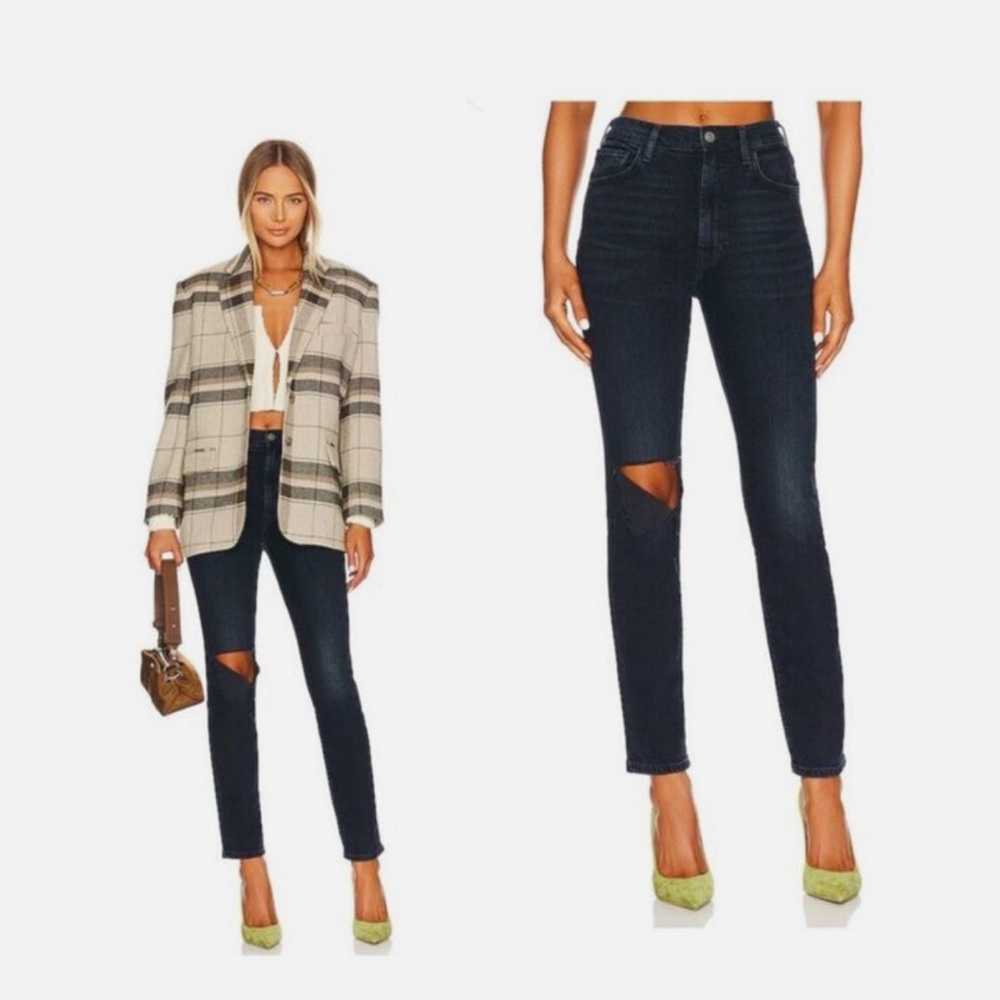 7 For All Mankind Black-Blue Skinny Jeans with Knee Rip
